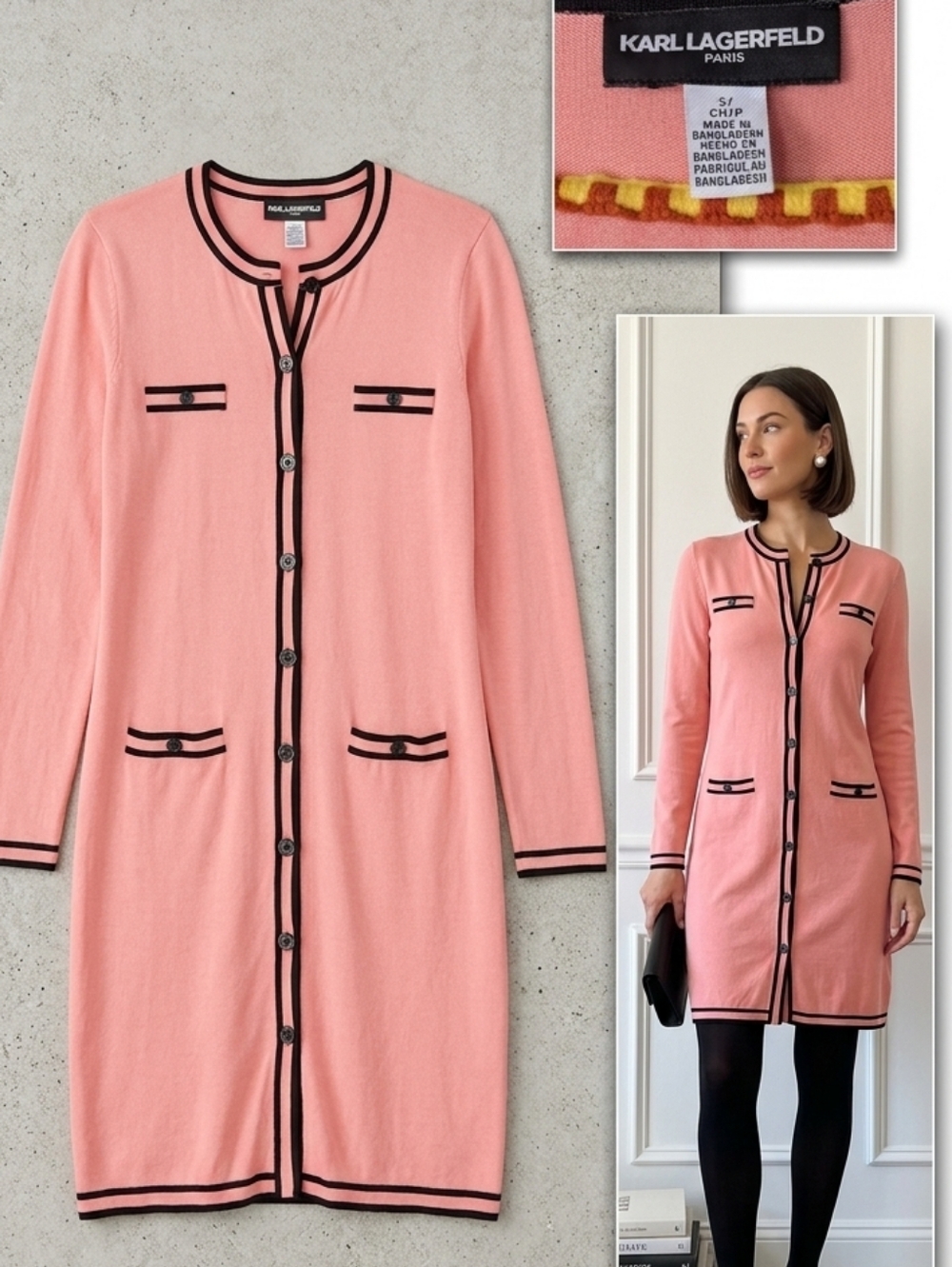 Karl Lagerfeld Paris Pink & Black Trim Cardigan Dress - Small